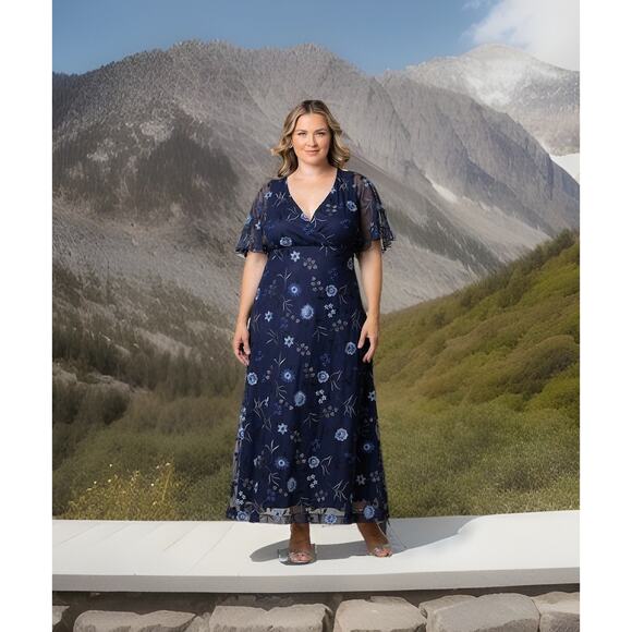 Kiyonna Gown Embroidered Elegance Blue Style 3X Flutter Sleeves Maxi Floral - Picture 1 of 7